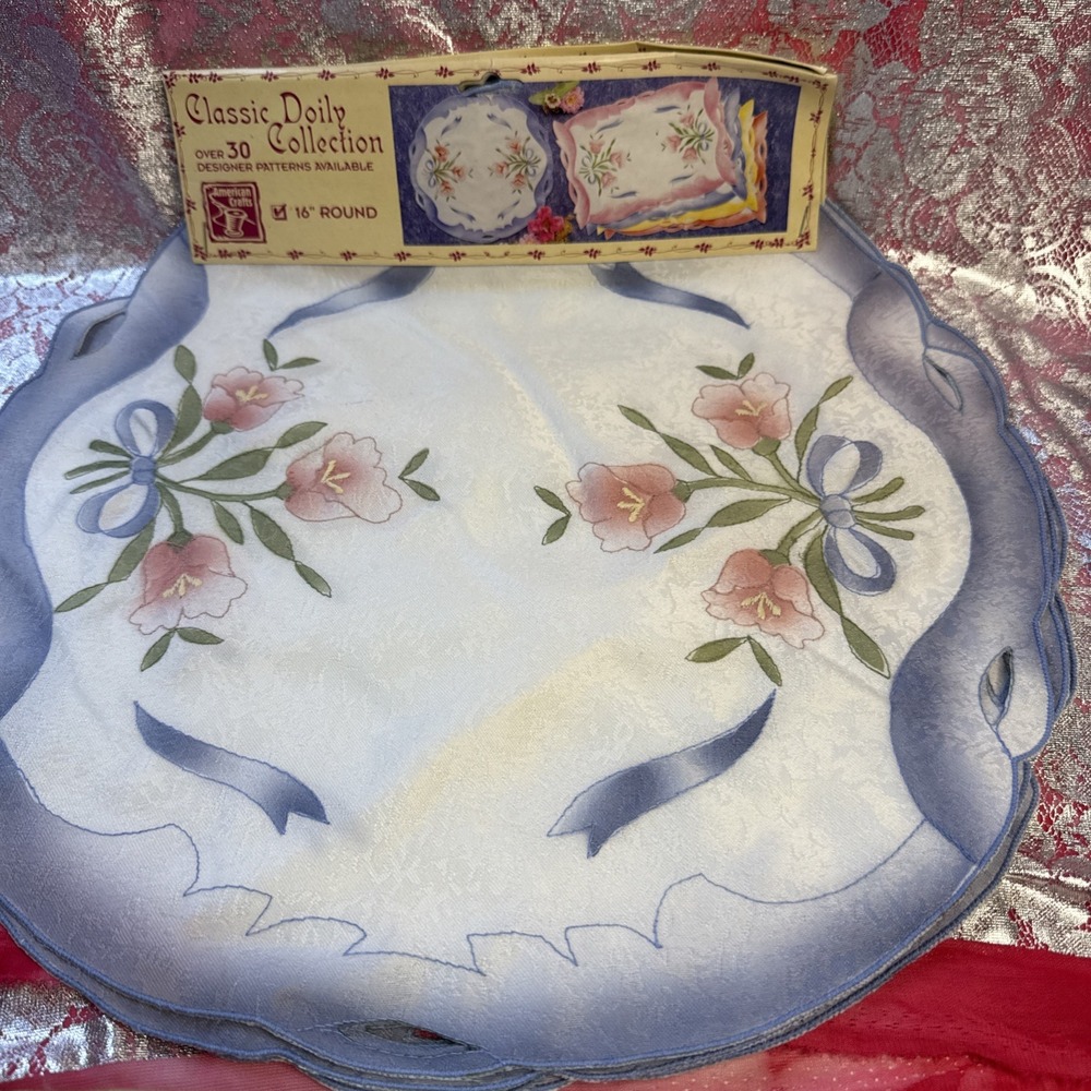 Vintage Classic Doily Collection-16"round Floral Ribbon Print Table Doily, (4)